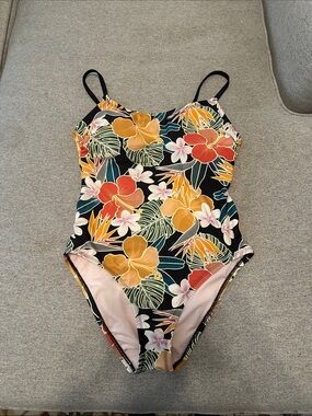 MED HURLEY Floral One-Piece Swimsuit - Black with Multicolor Hibiscus